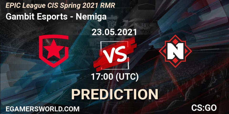 Pronósticos Gambit Esports - Nemiga. 23.05.2021 at 17:00. EPIC League CIS Spring 2021 RMR - Counter-Strike (CS2)