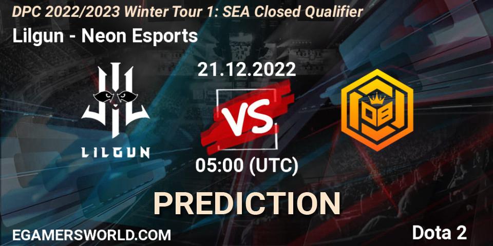 Pronósticos Lilgun - Neon Esports. 21.12.2022 at 05:00. DPC 2022/2023 Winter Tour 1: SEA Closed Qualifier - Dota 2