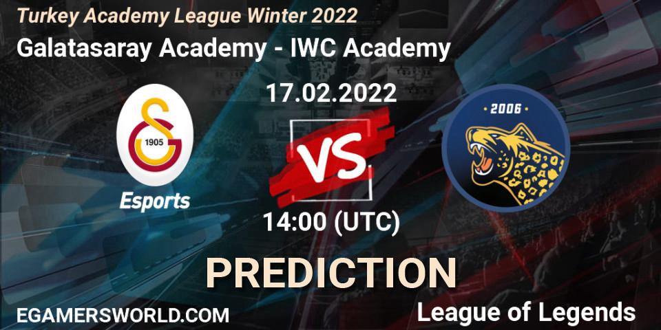 Pronósticos Galatasaray Academy - IWC Academy. 17.02.2022 at 14:00. Turkey Academy League Winter 2022 - LoL