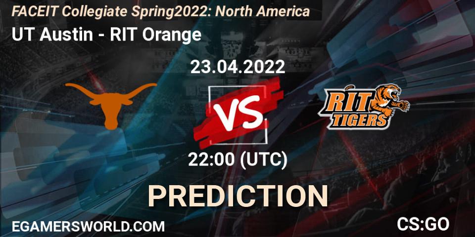 Pronósticos UT Austin - RIT Orange. 23.04.2022 at 22:00. FACEIT Collegiate Spring 2022: North America - Counter-Strike (CS2)