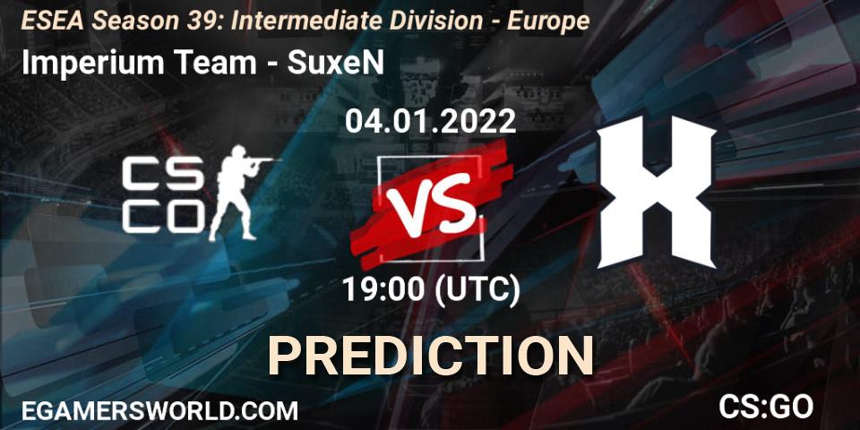 Pronósticos Imperium Team - SuxeN. 04.01.2022 at 19:00. ESEA Season 39: Intermediate Division - Europe - Counter-Strike (CS2)