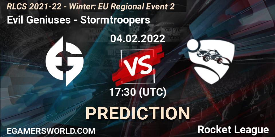 Pronósticos Evil Geniuses - Stormtroopers. 04.02.2022 at 17:30. RLCS 2021-22 - Winter: EU Regional Event 2 - Rocket League