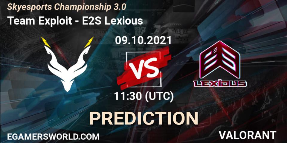 Pronósticos Team Exploit - E2S Lexious. 09.10.2021 at 11:30. Skyesports Championship 3.0 - VALORANT