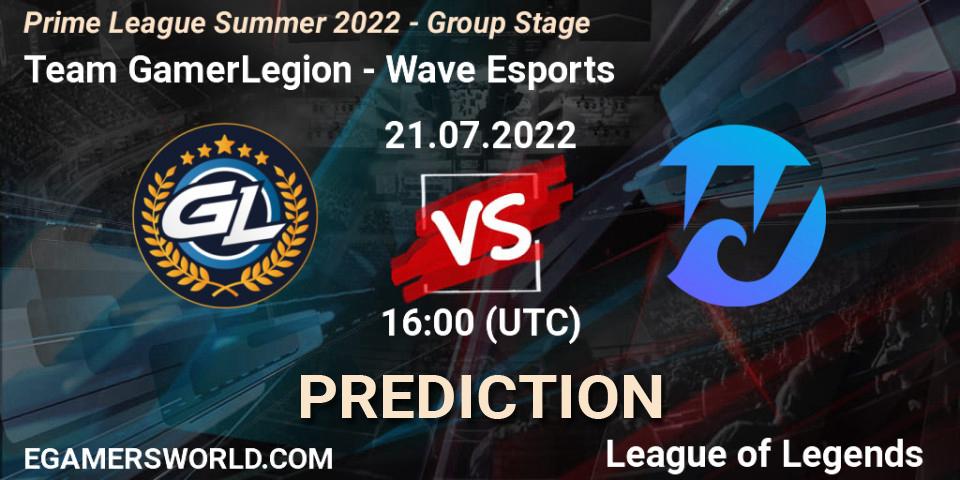 Pronósticos Team GamerLegion - Wave Esports. 21.07.2022 at 16:00. Prime League Summer 2022 - Group Stage - LoL