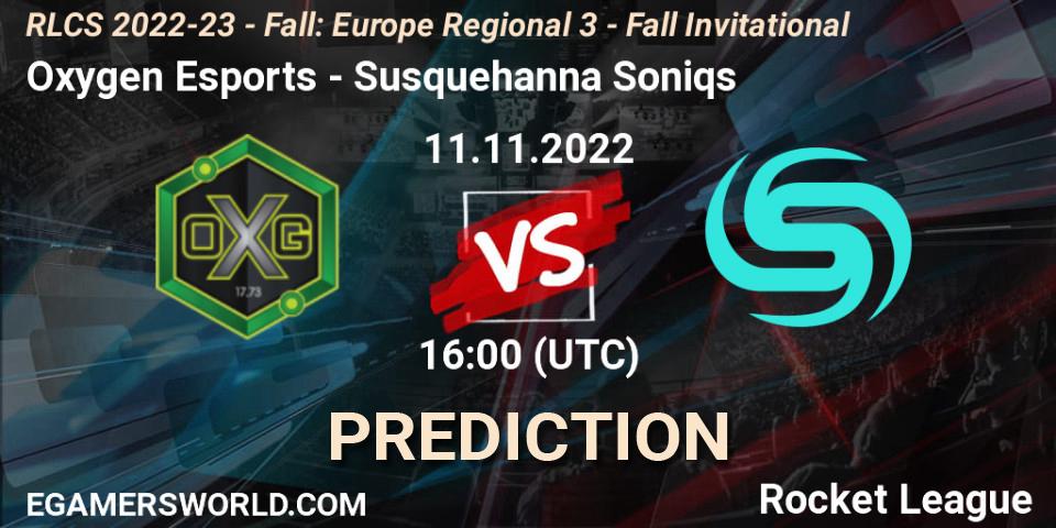 Pronósticos Oxygen Esports - Susquehanna Soniqs. 11.11.2022 at 16:00. RLCS 2022-23 - Fall: Europe Regional 3 - Fall Invitational - Rocket League