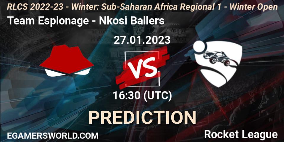 Pronósticos Team Espionage - Nkosi Ballers. 27.01.2023 at 16:30. RLCS 2022-23 - Winter: Sub-Saharan Africa Regional 1 - Winter Open - Rocket League