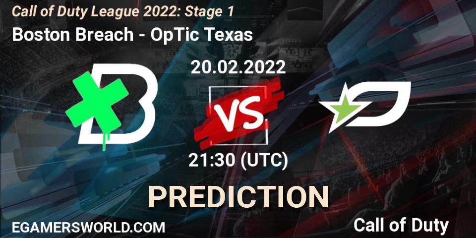 Pronósticos Boston Breach - OpTic Texas. 20.02.2022 at 21:30. Call of Duty League 2022: Stage 1 - Call of Duty