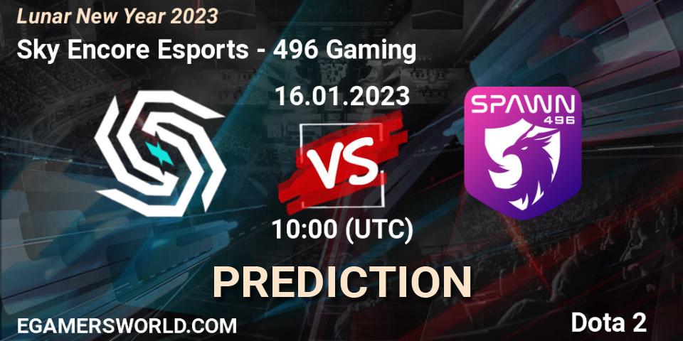 Pronósticos Sky Encore Esports - 496 Gaming. 16.01.2023 at 10:00. Lunar New Year 2023 - Dota 2