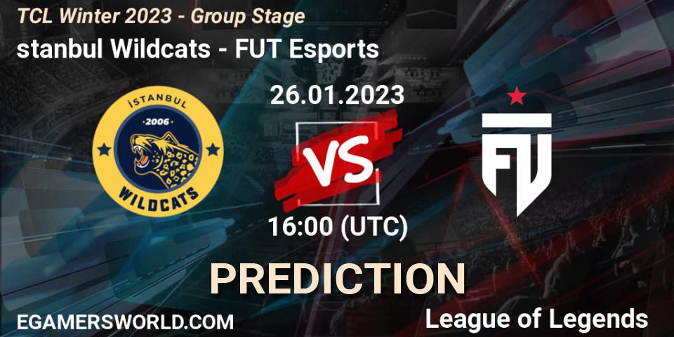 Pronósticos İstanbul Wildcats - FUT Esports. 26.01.2023 at 16:00. TCL Winter 2023 - Group Stage - LoL