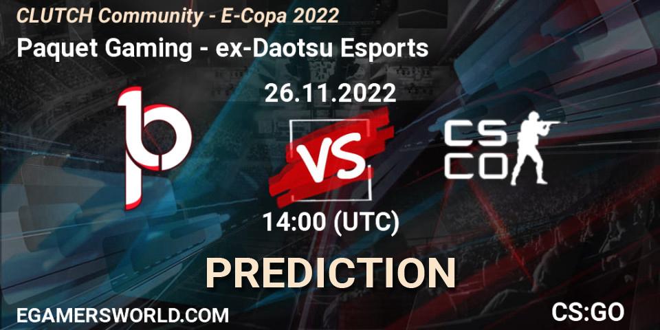 Pronósticos Paquetá Gaming - ex-Daotsu Esports. 26.11.2022 at 14:00. CLUTCH Community - E-Copa 2022 - Counter-Strike (CS2)