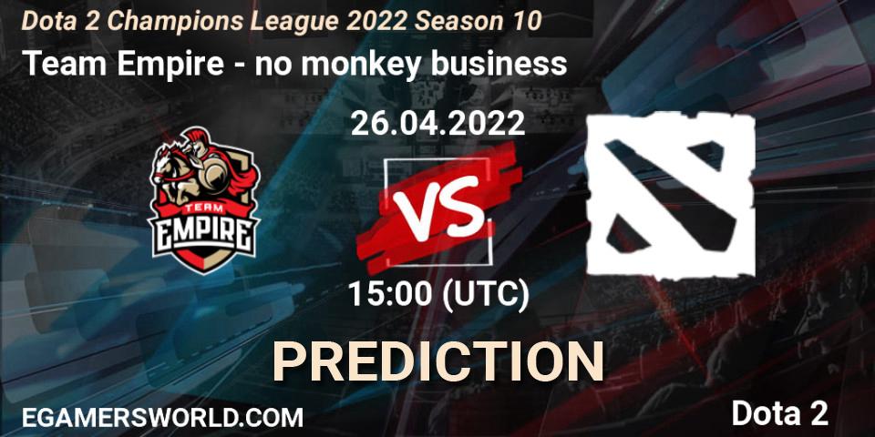 Pronósticos Team Empire - no monkey business. 26.04.2022 at 15:51. Dota 2 Champions League 2022 Season 10 - Dota 2