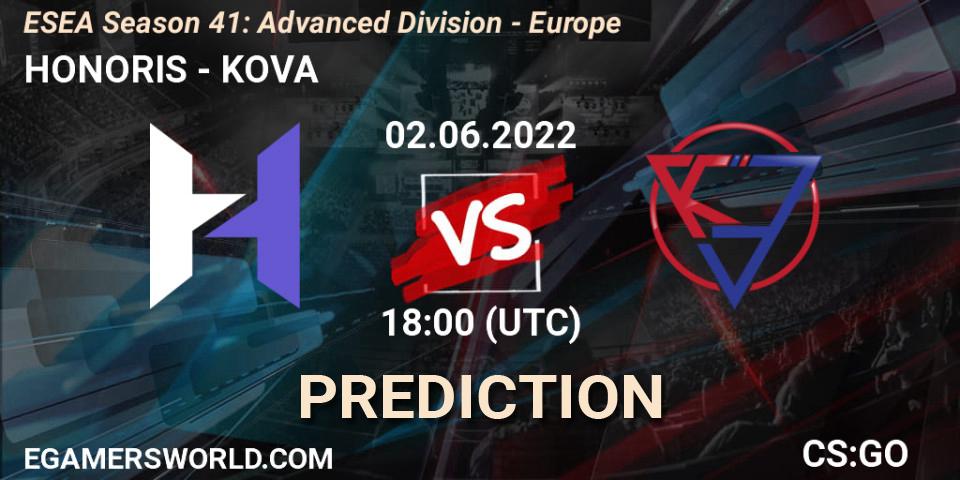 Pronósticos HONORIS - KOVA. 02.06.2022 at 18:00. ESEA Season 41: Advanced Division - Europe - Counter-Strike (CS2)