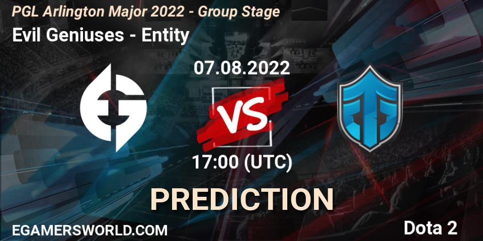 Pronósticos Evil Geniuses - Entity. 07.08.2022 at 17:29. PGL Arlington Major 2022 - Group Stage - Dota 2