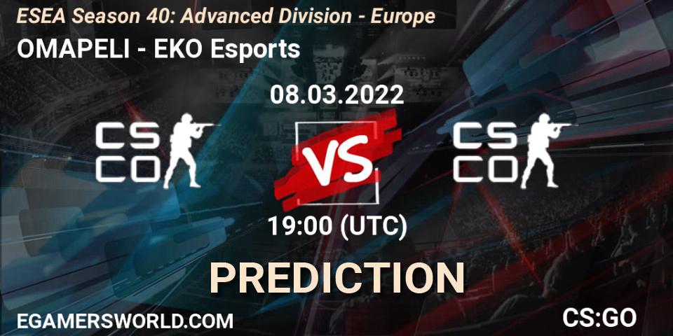 Pronósticos OMAPELI - EKO Esports. 08.03.2022 at 19:00. ESEA Season 40: Advanced Division - Europe - Counter-Strike (CS2)