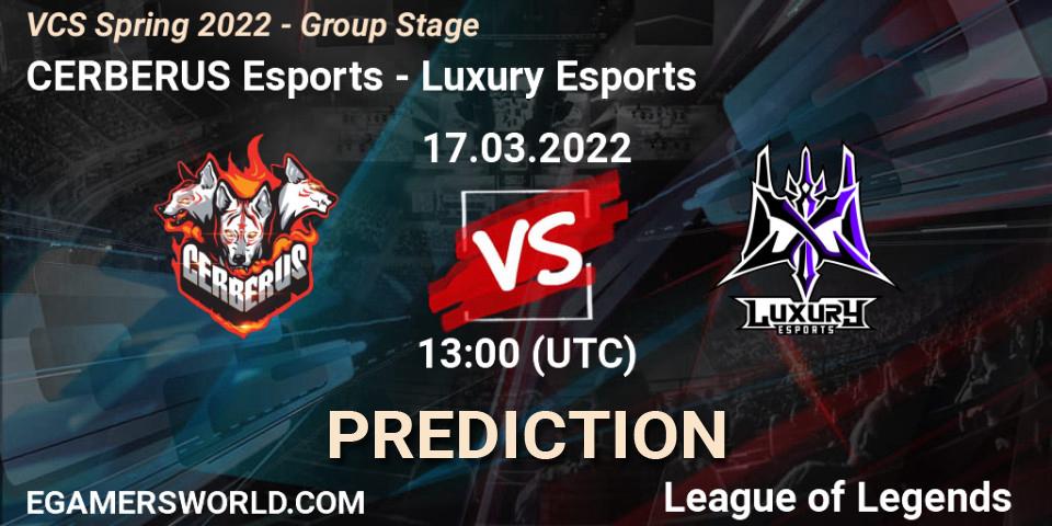 Pronósticos CERBERUS Esports - Luxury Esports. 17.03.2022 at 13:00. VCS Spring 2022 - Group Stage - LoL