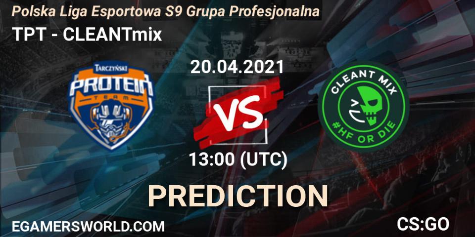 Pronósticos TPT - CLEANTmix. 20.04.2021 at 13:00. Polska Liga Esportowa S9 Grupa Profesjonalna - Counter-Strike (CS2)