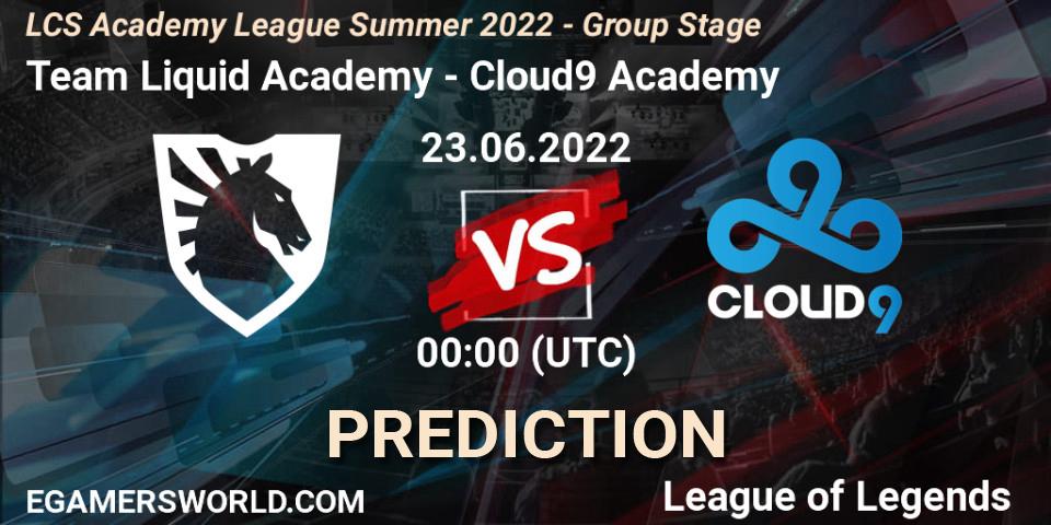 Pronósticos Team Liquid Academy - Cloud9 Academy. 23.06.2022 at 00:15. LCS Academy League Summer 2022 - Group Stage - LoL