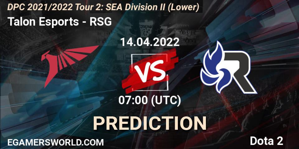 Pronósticos Talon Esports - RSG. 14.04.2022 at 08:00. DPC 2021/2022 Tour 2: SEA Division II (Lower) - Dota 2