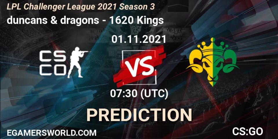 Pronósticos duncans & dragons - 1620 Kings. 01.11.2021 at 07:30. LPL Challenger League 2021 Season 3 - Counter-Strike (CS2)