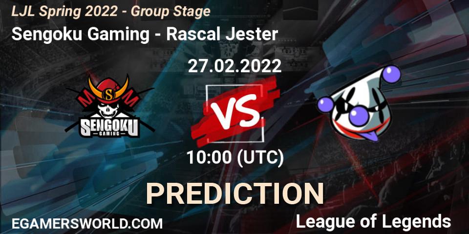 Pronósticos Sengoku Gaming - Rascal Jester. 27.02.2022 at 10:00. LJL Spring 2022 - Group Stage - LoL