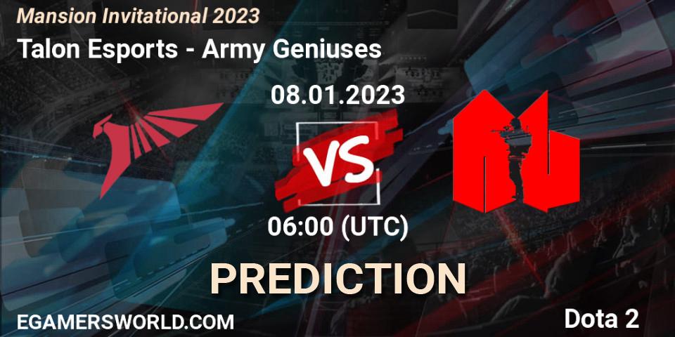 Pronósticos Talon Esports - Army Geniuses. 08.01.2023 at 06:30. Mansion Invitational 2023 - Dota 2