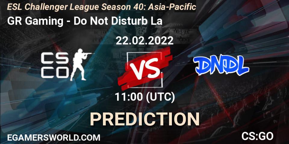 Pronósticos GR Gaming - Do Not Disturb La. 22.02.2022 at 12:00. ESL Challenger League Season 40: Asia-Pacific - Counter-Strike (CS2)
