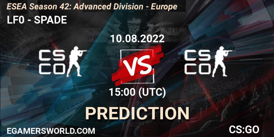 Pronósticos LF0 - SPADE. 18.08.2022 at 16:00. ESEA Season 42: Advanced Division - Europe - Counter-Strike (CS2)