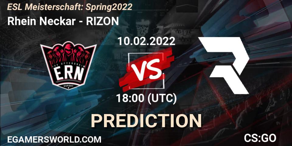 Pronósticos Rhein Neckar - RIZON. 10.02.2022 at 18:00. ESL Meisterschaft: Spring 2022 - Counter-Strike (CS2)