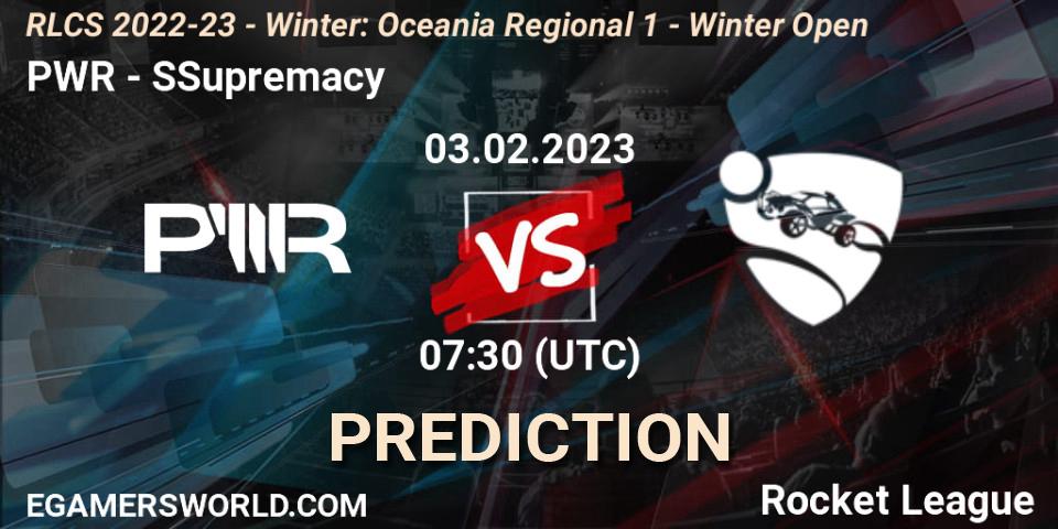 Pronósticos PWR - SSupremacy. 03.02.2023 at 07:30. RLCS 2022-23 - Winter: Oceania Regional 1 - Winter Open - Rocket League