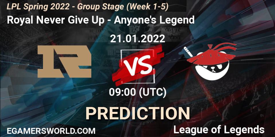 Pronósticos Royal Never Give Up - Anyone's Legend. 21.01.22. LPL Spring 2022 - Group Stage (Week 1-5) - LoL