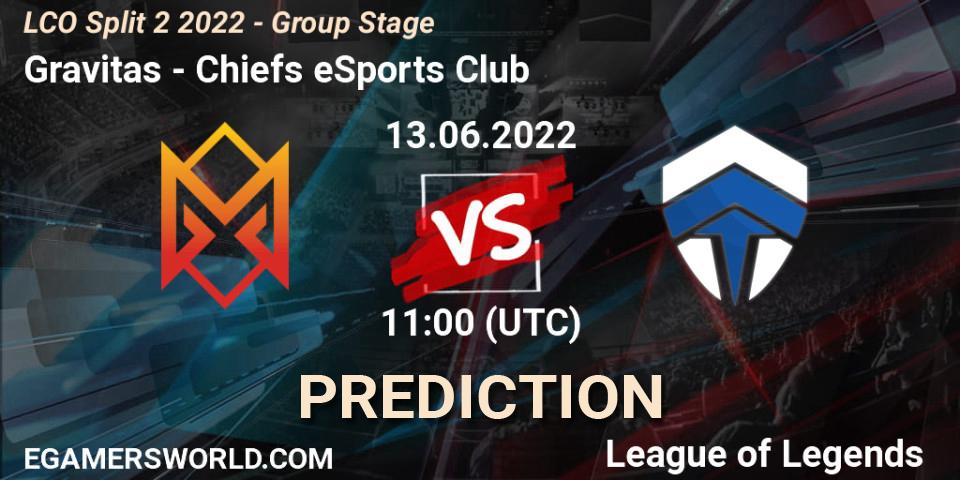 Pronósticos Gravitas - Chiefs eSports Club. 13.06.2022 at 11:15. LCO Split 2 2022 - Group Stage - LoL
