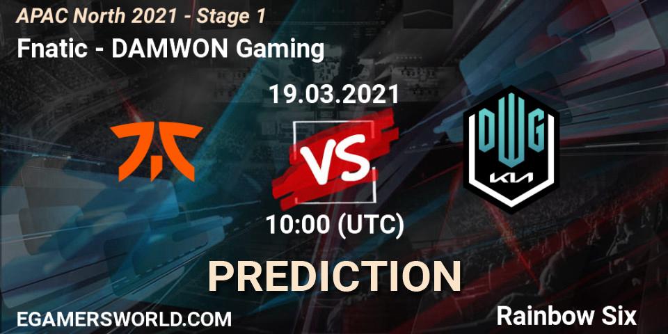 Pronósticos Fnatic - DAMWON Gaming. 19.03.2021 at 10:30. APAC North 2021 - Stage 1 - Rainbow Six