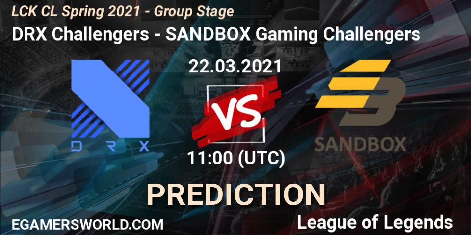 Pronósticos DRX Challengers - SANDBOX Gaming Challengers. 22.03.2021 at 11:00. LCK CL Spring 2021 - Group Stage - LoL