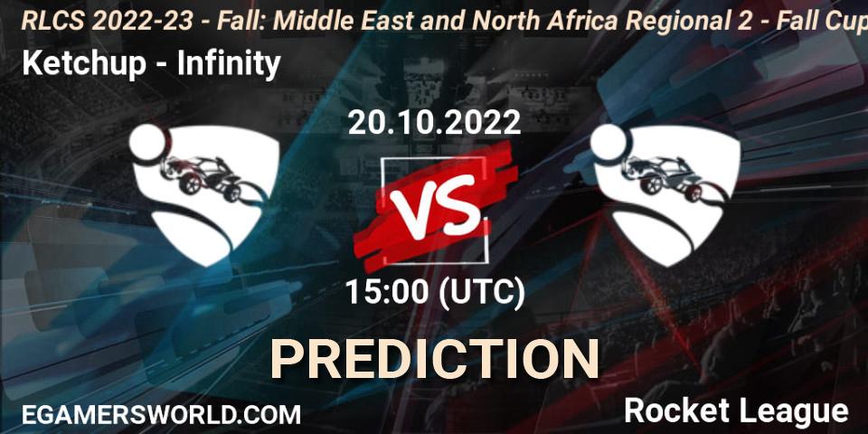Pronósticos Ketchup - Infinity. 20.10.2022 at 15:00. RLCS 2022-23 - Fall: Middle East and North Africa Regional 2 - Fall Cup - Rocket League