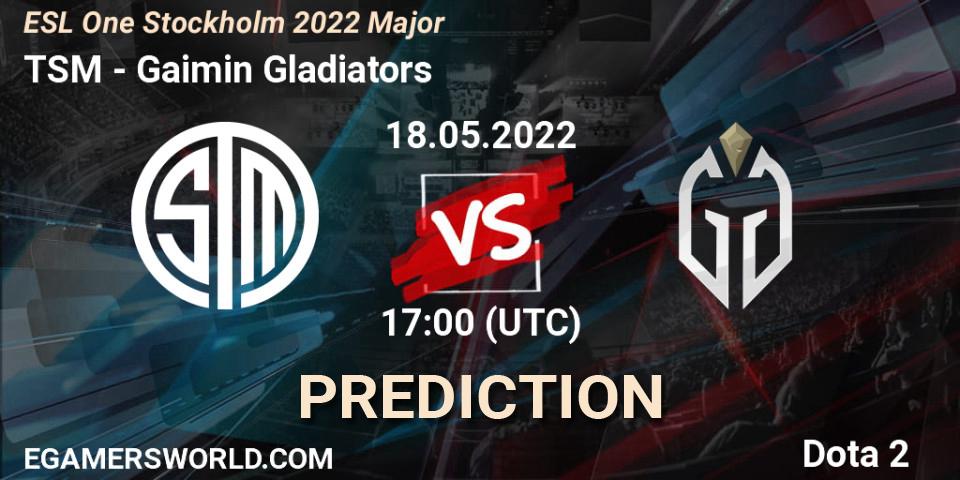 Pronósticos TSM - Gaimin Gladiators. 18.05.2022 at 17:19. ESL One Stockholm 2022 Major - Dota 2