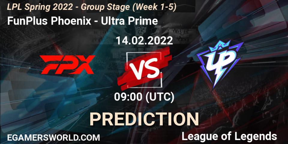 Pronósticos FunPlus Phoenix - Ultra Prime. 14.02.2022 at 09:00. LPL Spring 2022 - Group Stage (Week 1-5) - LoL