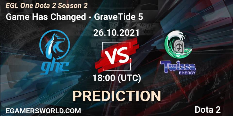 Pronósticos Game Has Changed - GraveTide 5. 31.10.2021 at 19:43. EGL One Dota 2 Season 2 - Dota 2