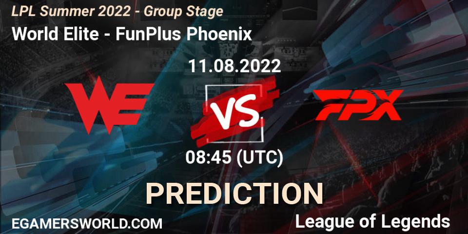 Pronósticos World Elite - FunPlus Phoenix. 11.08.2022 at 09:00. LPL Summer 2022 - Group Stage - LoL