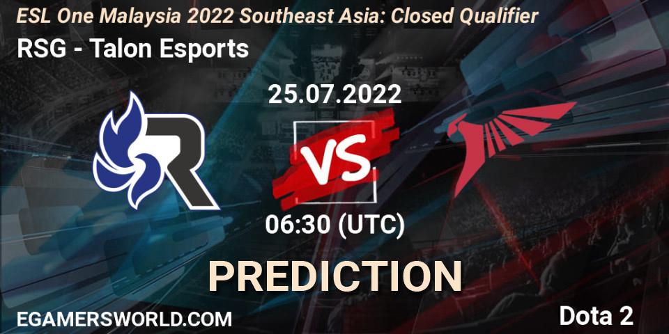 Pronósticos RSG - Talon Esports. 25.07.2022 at 07:06. ESL One Malaysia 2022 Southeast Asia: Closed Qualifier - Dota 2