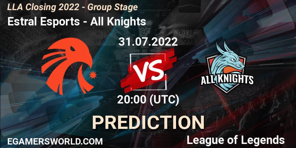 Pronósticos Estral Esports - All Knights. 31.07.2022 at 20:00. LLA Closing 2022 - Group Stage - LoL