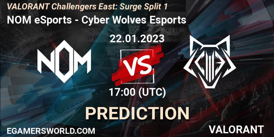 Pronósticos NOM eSports - Cyber Wolves Esports. 22.01.2023 at 17:00. VALORANT Challengers 2023 East: Surge Split 1 - VALORANT