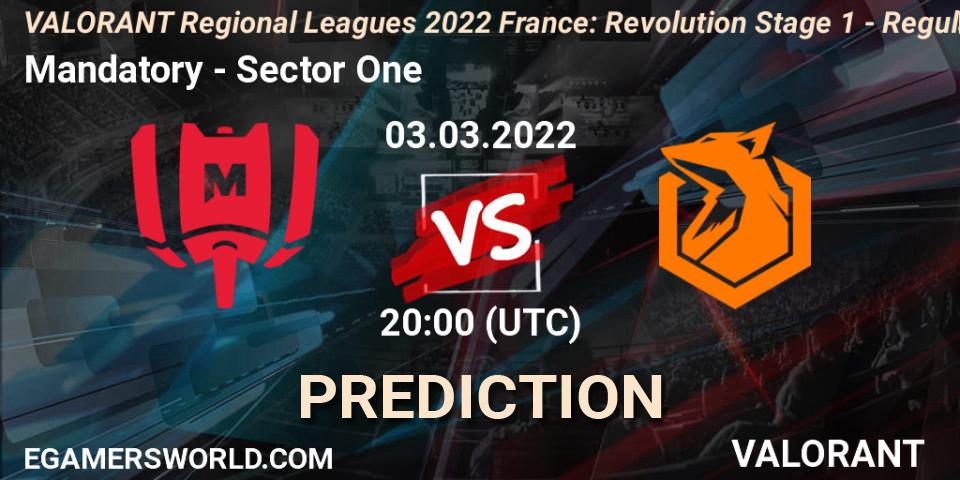 Pronósticos Mandatory - Sector One. 03.03.2022 at 20:15. VALORANT Regional Leagues 2022 France: Revolution Stage 1 - Regular Season - VALORANT