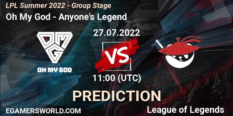Pronósticos Oh My God - Anyone's Legend. 27.07.2022 at 12:00. LPL Summer 2022 - Group Stage - LoL