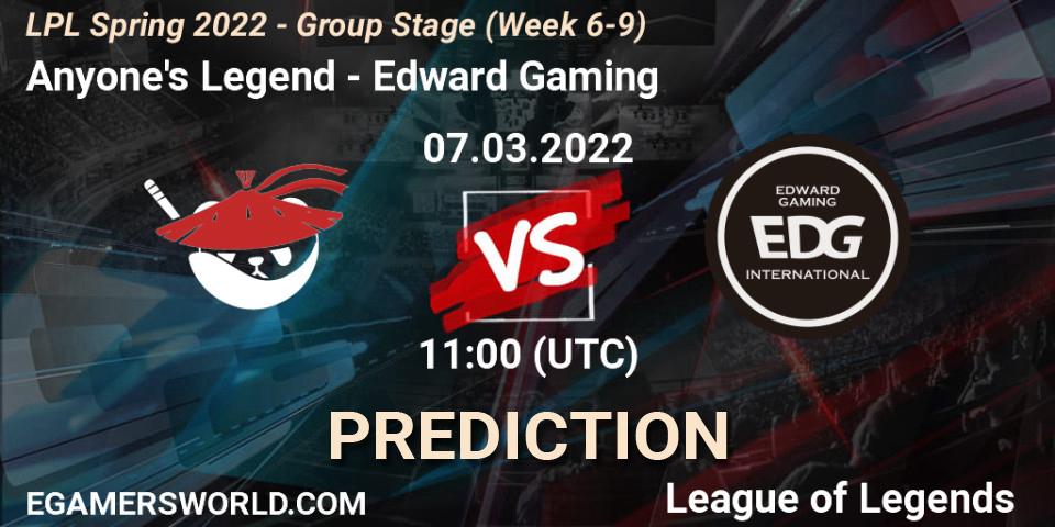 Pronósticos Anyone's Legend - Edward Gaming. 07.03.22. LPL Spring 2022 - Group Stage (Week 6-9) - LoL