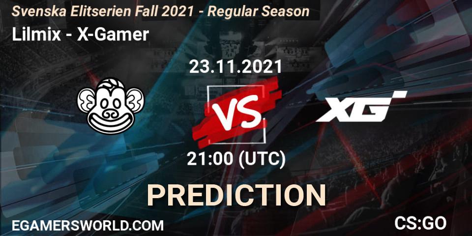 Pronósticos Lilmix - X-Gamer. 23.11.2021 at 21:00. Svenska Elitserien Fall 2021 - Regular Season - Counter-Strike (CS2)
