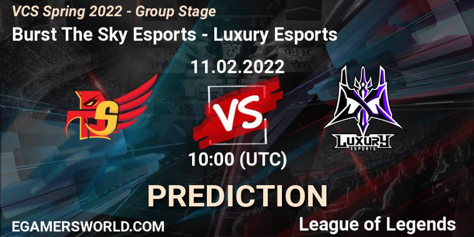 Pronósticos Burst The Sky Esports - Luxury Esports. 11.02.2022 at 10:00. VCS Spring 2022 - Group Stage - LoL