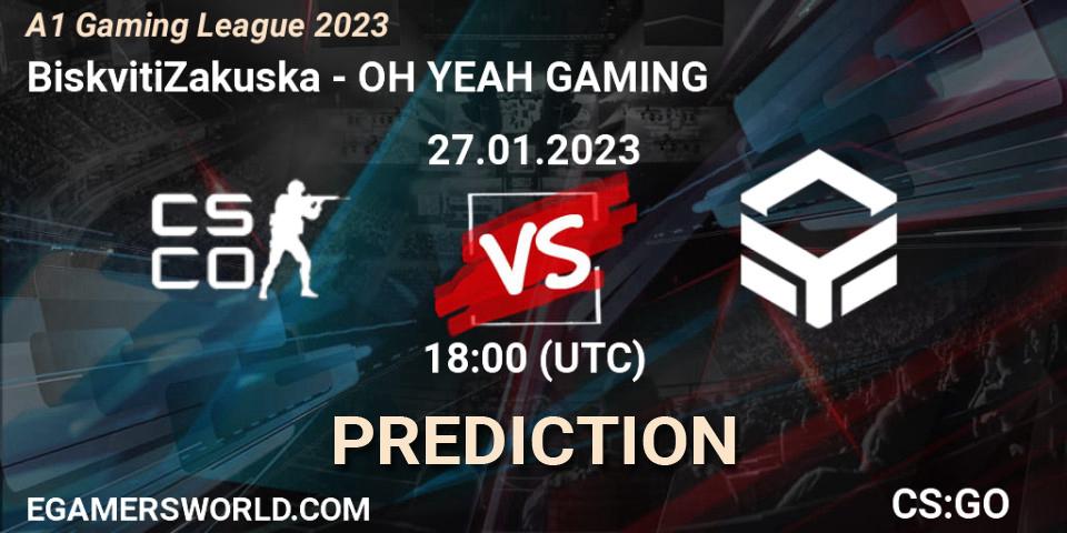 Pronósticos BiskvitiZakuska - OH YEAH GAMING. 27.01.2023 at 18:00. A1 Gaming League 2023 - Counter-Strike (CS2)