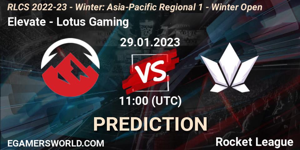 Pronósticos Elevate - Lotus Gaming. 29.01.2023 at 11:00. RLCS 2022-23 - Winter: Asia-Pacific Regional 1 - Winter Open - Rocket League