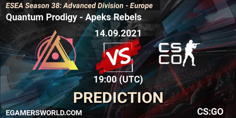 Pronósticos Quantum Prodigy - Apeks Rebels. 14.09.2021 at 19:00. ESEA Season 38: Advanced Division - Europe - Counter-Strike (CS2)