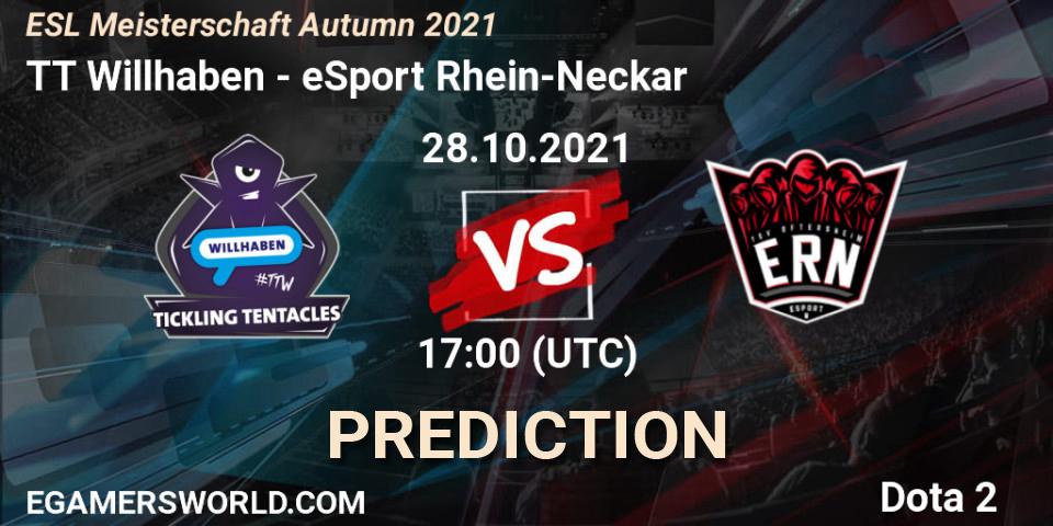 Pronósticos TT Willhaben - eSport Rhein-Neckar. 28.10.2021 at 17:02. ESL Meisterschaft Autumn 2021 - Dota 2